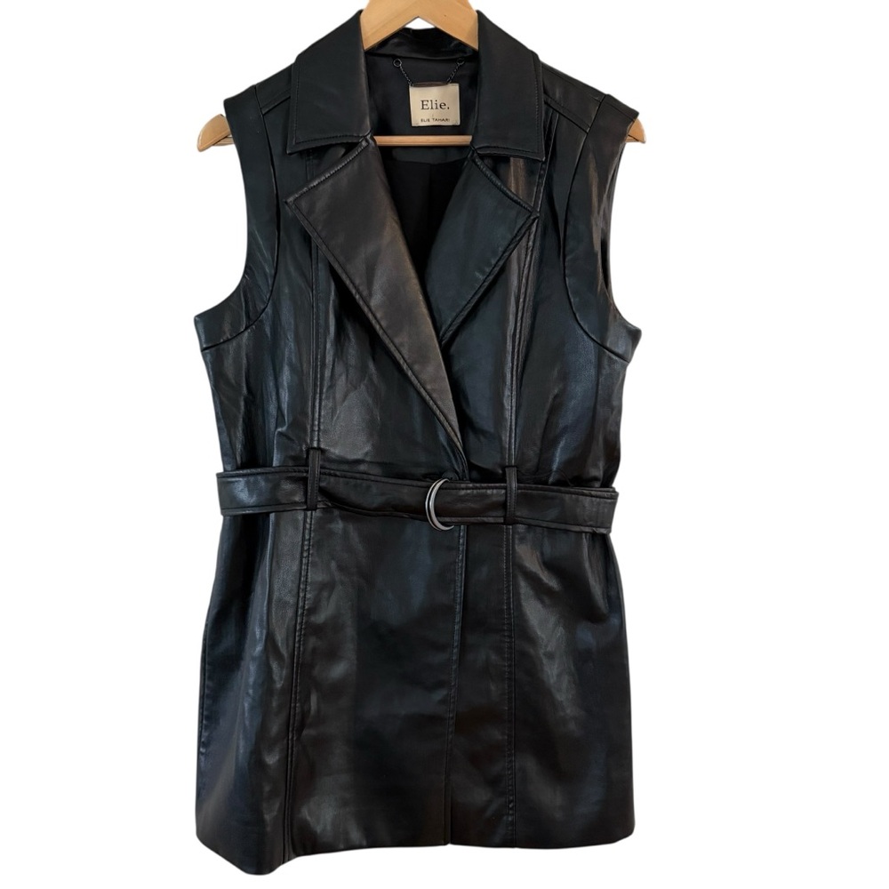 Elie Tahari Soft Faux Leather Vest Matrix Black Wet Look Belted Women’s Size 8